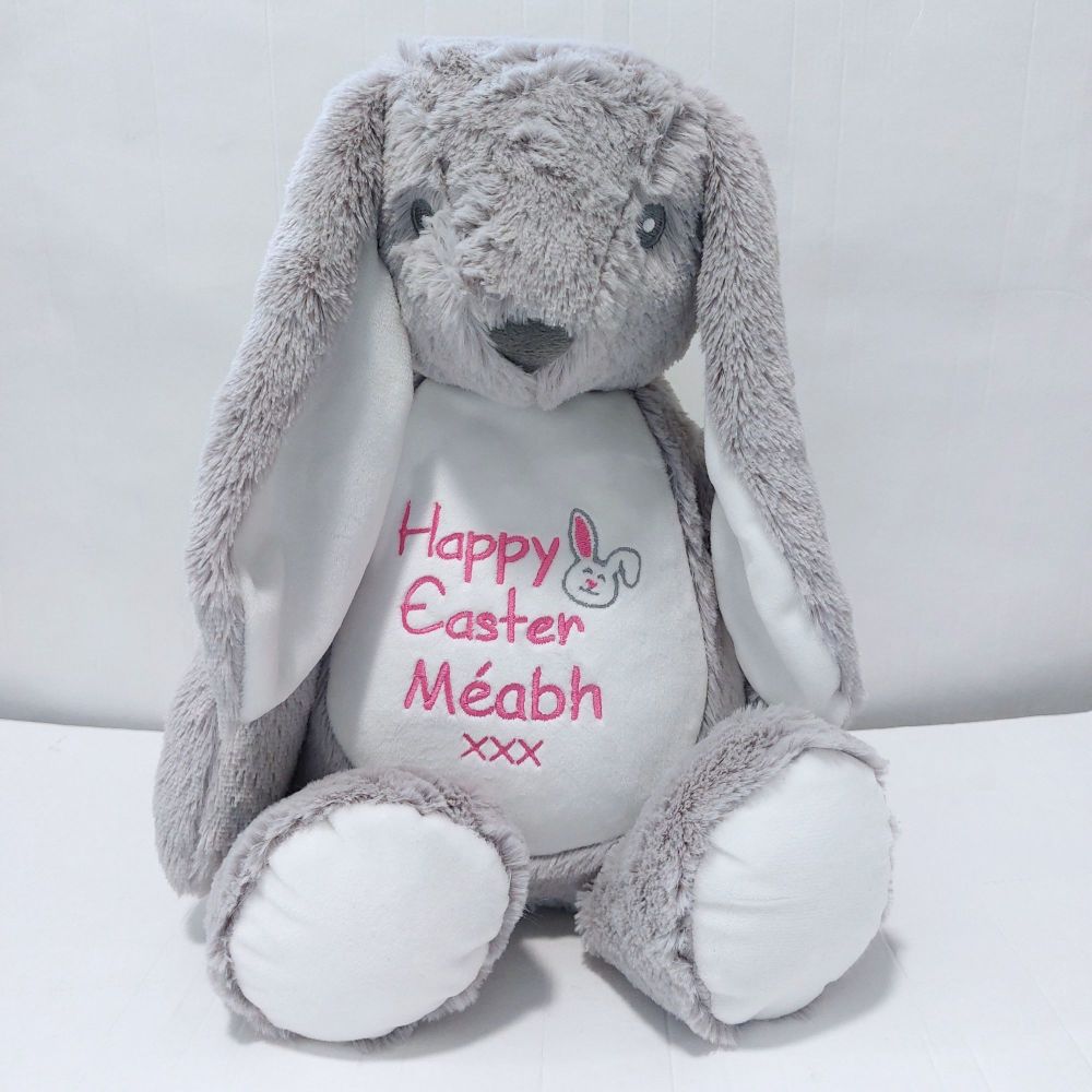 Grey Easter Bunny, embroidered with name and Easter message