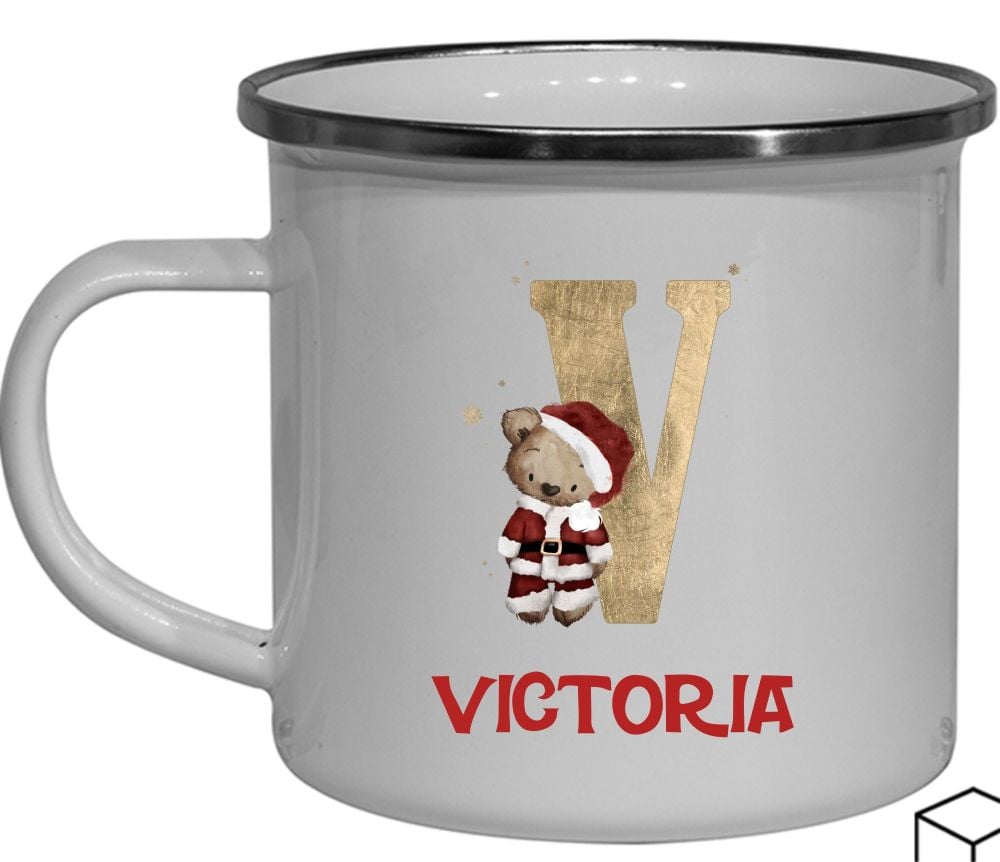 Personalised Christmas Enamel Mug - Santa Bear Initial