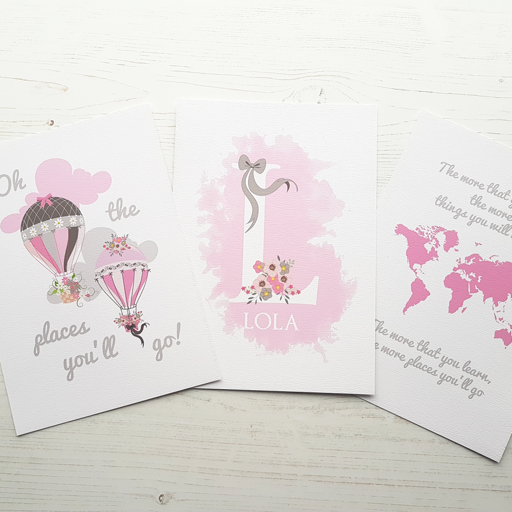 Set of 3 Oh the places you will go pink and grey prints