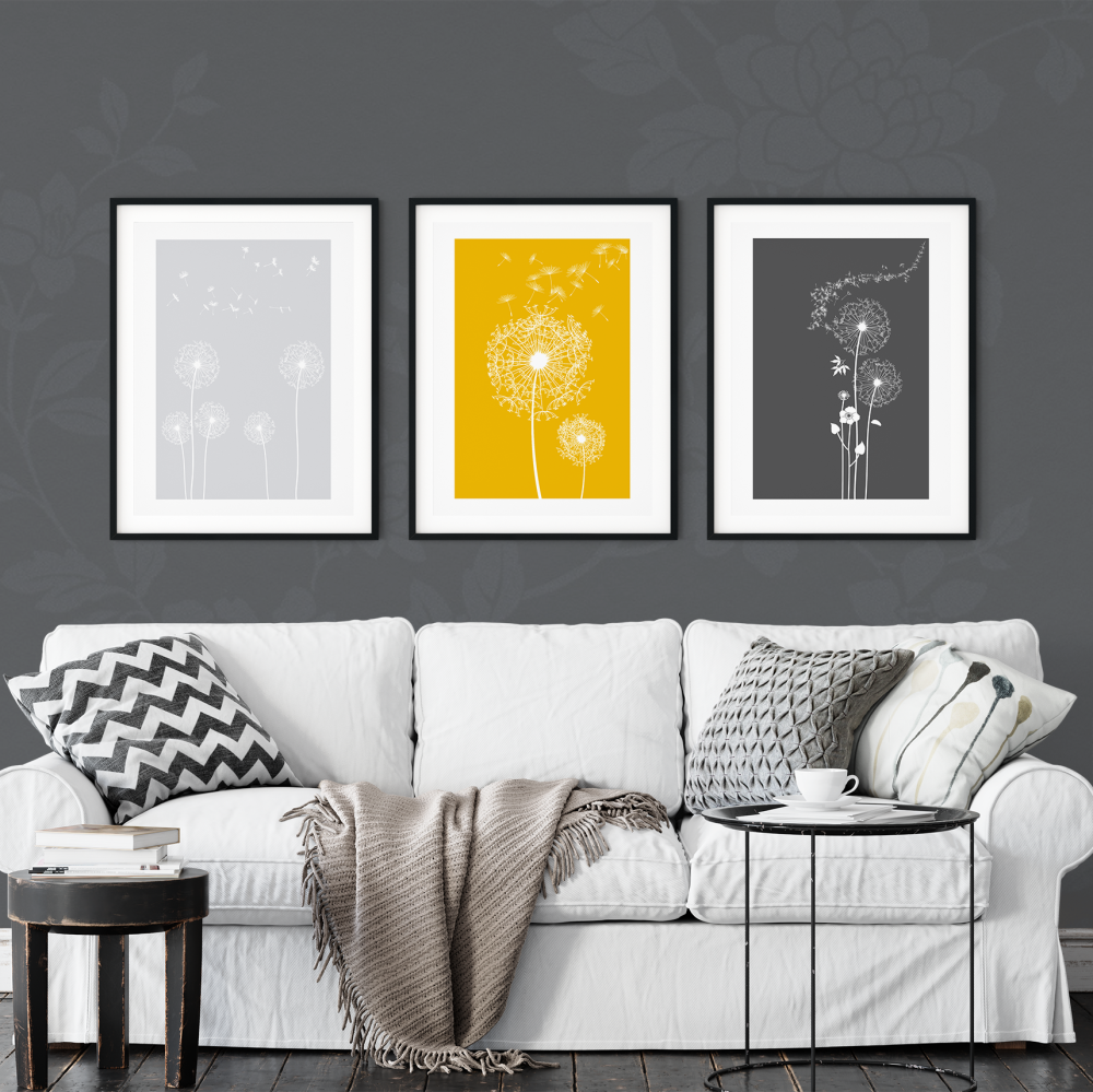 3pc Dandelion Mustard Wall Art Prints