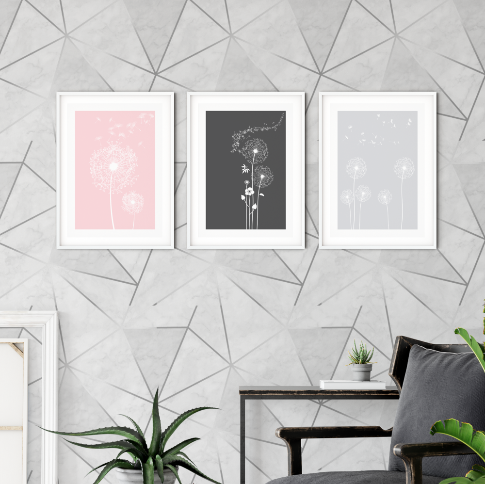 3pc Dandelion Pink and Grey Wall Art Prints