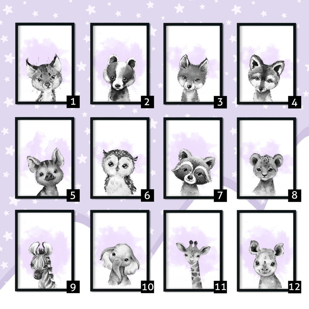Purple Jungle Animals Nursery Art Prints