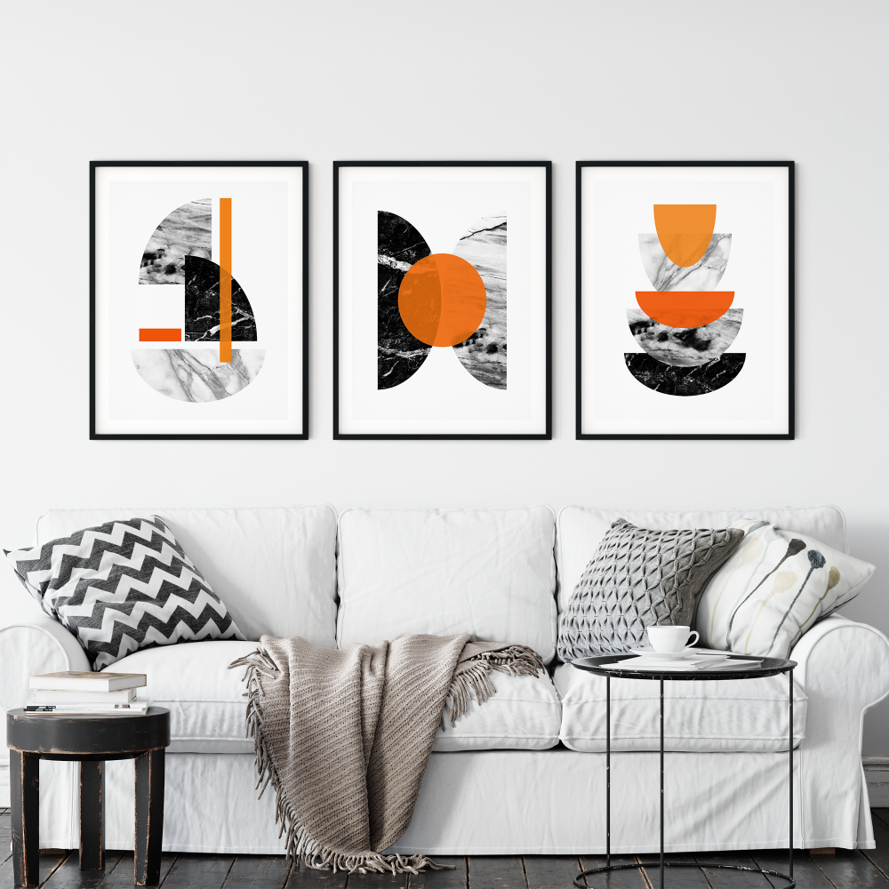 3pc Orange and Marble Wall Art Print Set