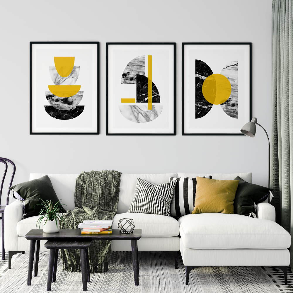 3pc Mustard and Marble Wall Art Print Set