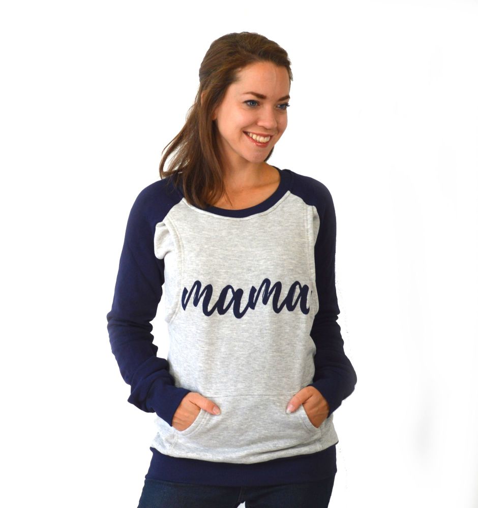 Mama print breastfeeding sweater in navy and grey