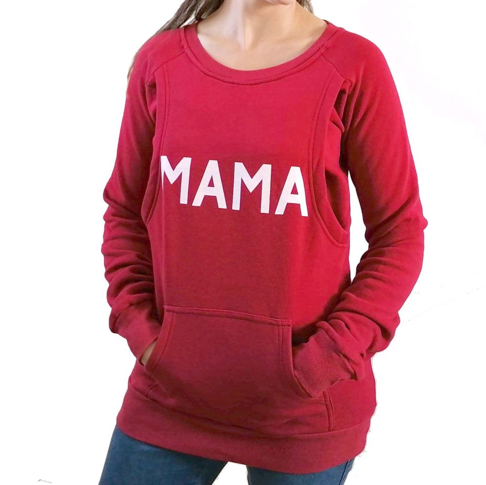 Mama print breastfeeding sweater in burgundy