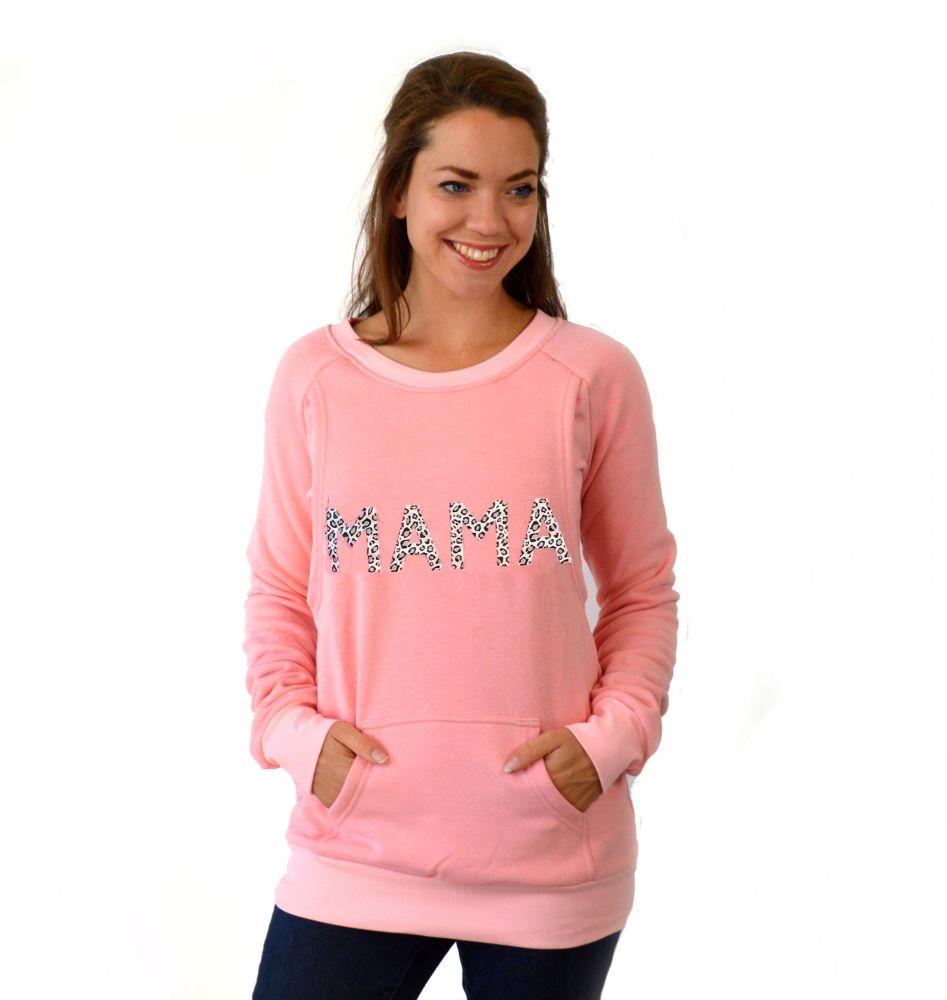 <!-- 024 -->Mama print breastfeeding sweater in pink leopard