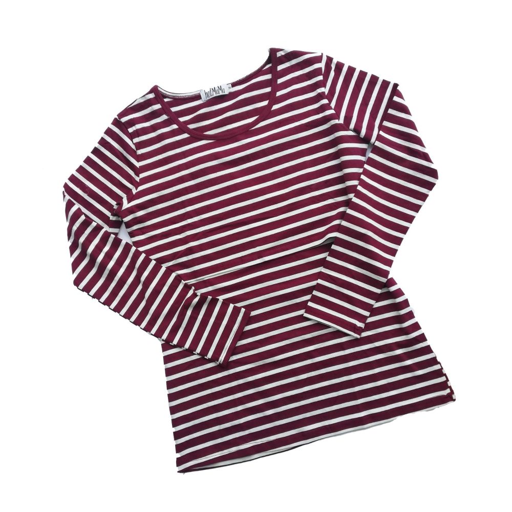 <!-- 031 --> Long sleeved breastfeeding top - Burgundy with cream stripe