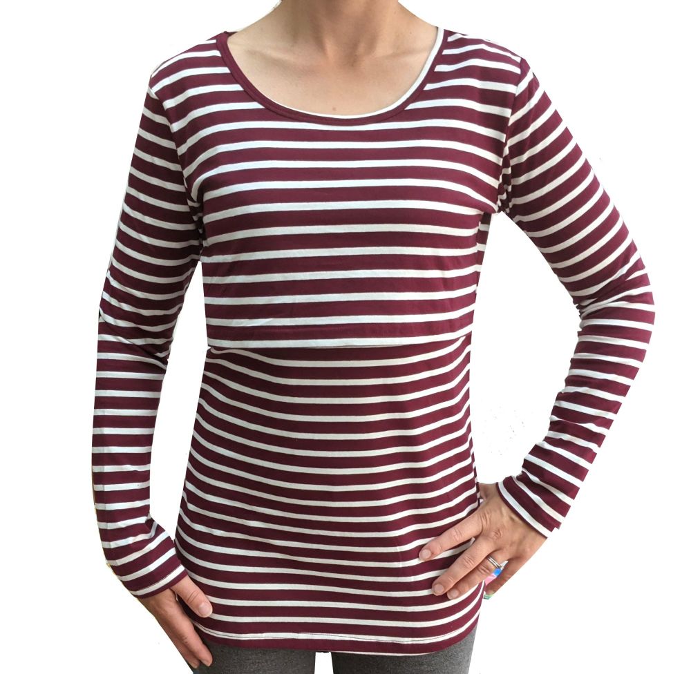 <!-- 031 --> Long sleeved breastfeeding top - Burgundy with cream stripe