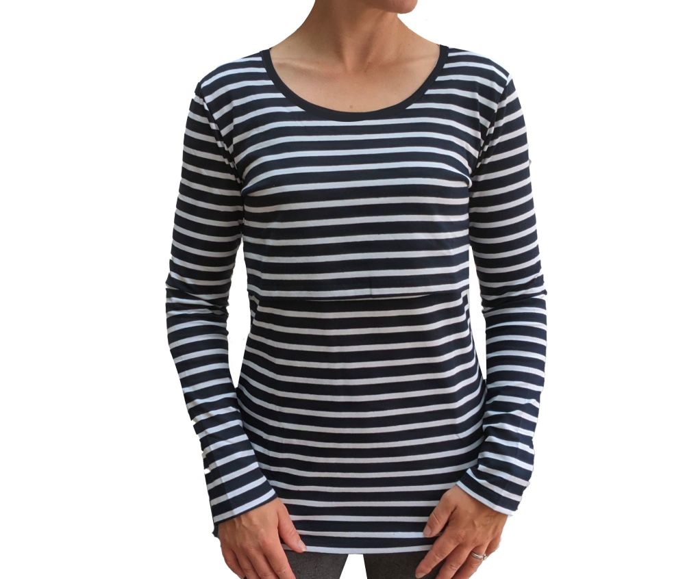 <!-- 032 --> Long sleeved breastfeeding top - Dark navy with white stripe