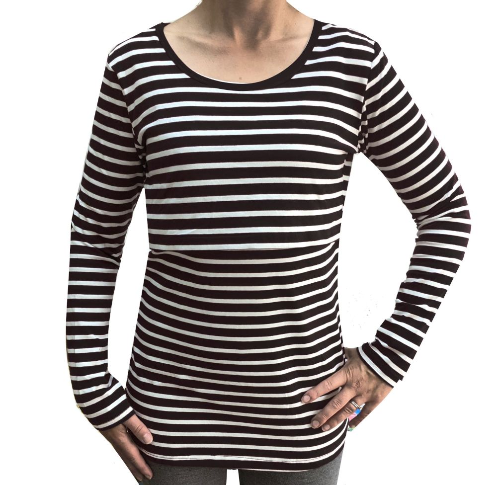 <!-- 030 --> Long sleeved breastfeeding top - Black with cream stripe