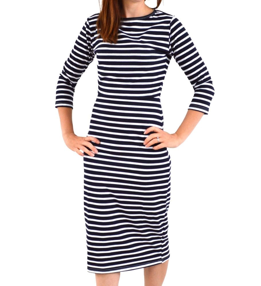 <!-- 108 -->Midi Breastfeeding Dress in Black Stripe