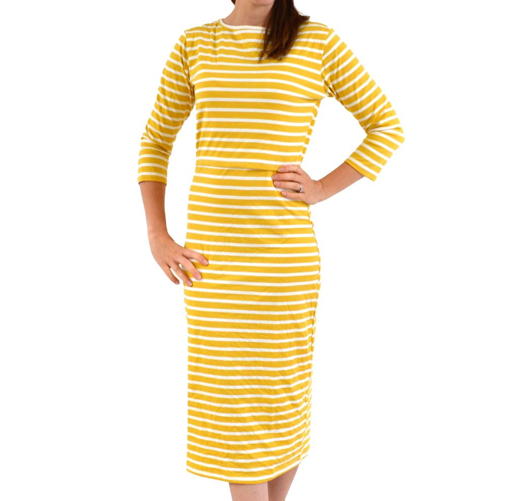 <!-- 107 -->Midi Breastfeeding Dress in Yellow Stripe