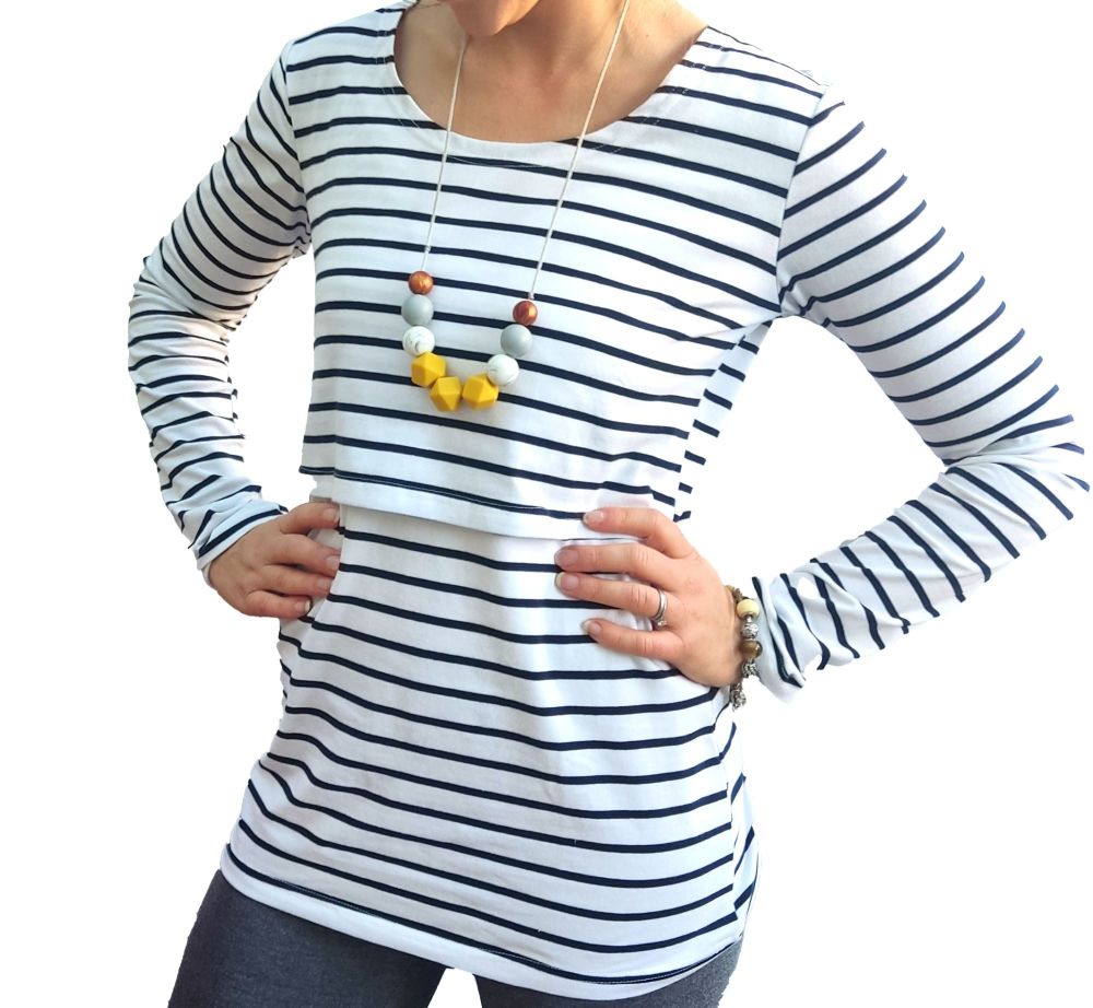 <!-- 034 --> White with navy stripe long sleeved top