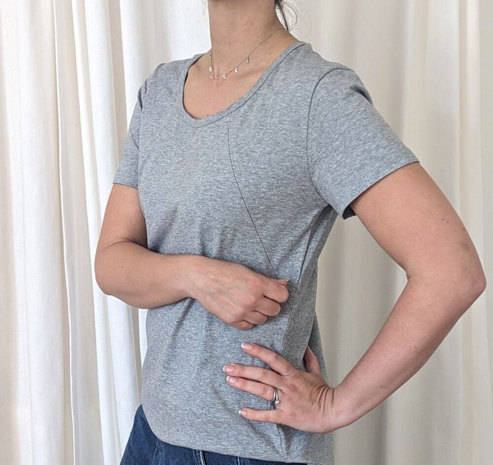 Breastfeeding t shirt in grey with zip breastfeeding access