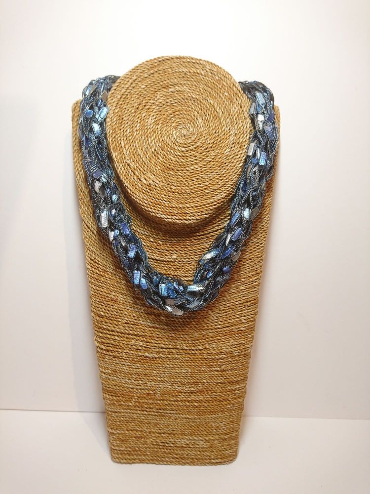 Finger knitted necklace in denim blue