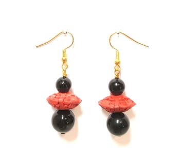 Black agate and carved red lacquer lantern drop earrings