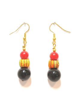 Black agate, red sea bamboo and silk wrapped bead drop earring
