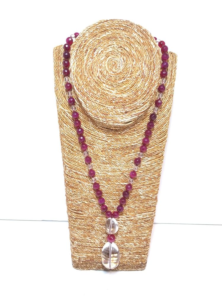 Pink agate with rock crystal silk  knotted adjustable necklace