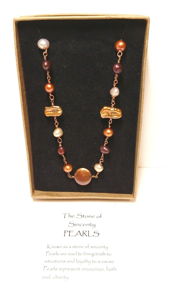 Bronze, copper and white freshwater pearl chain necklace