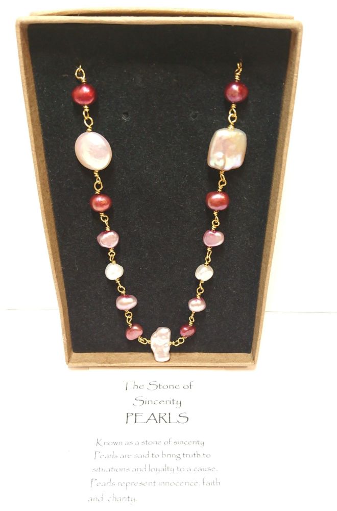 Red, white and pink freshwater pearl chain necklace