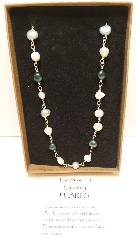 Teal and ice blue freshwater pearl chain necklace