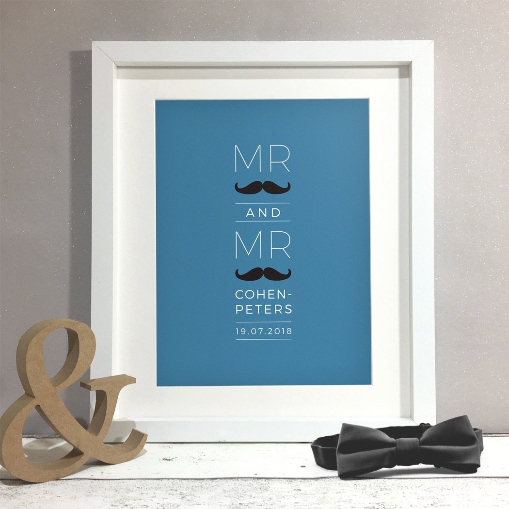 Moustache Personalised Gay Wedding Civil Partnership Gift Print