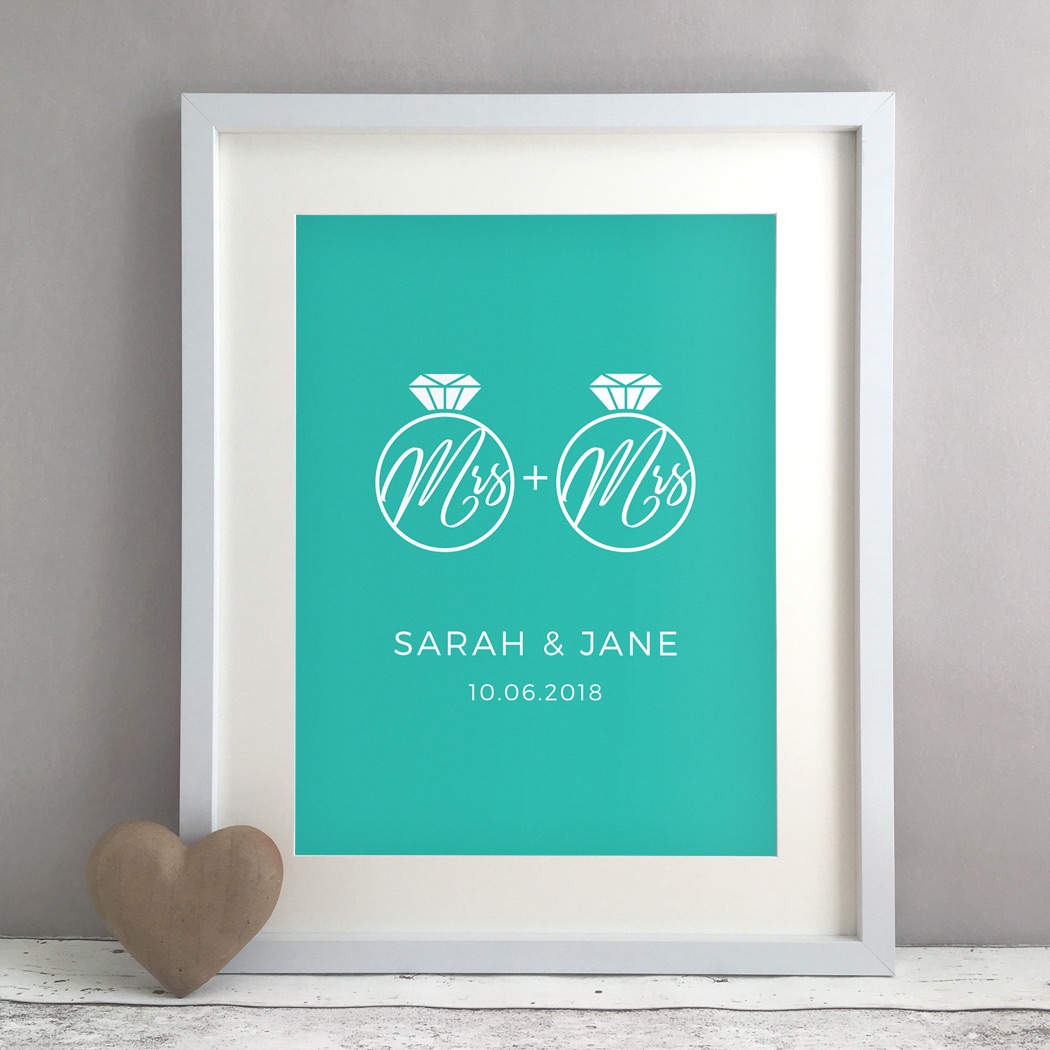 Mrs Rings Personalised Same Sex Wedding Civil Partnership Gift Print