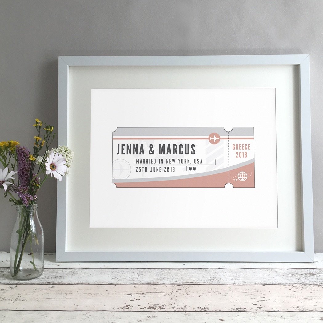 Personalised Ticket Destination Wedding or Anniversary Gift Print