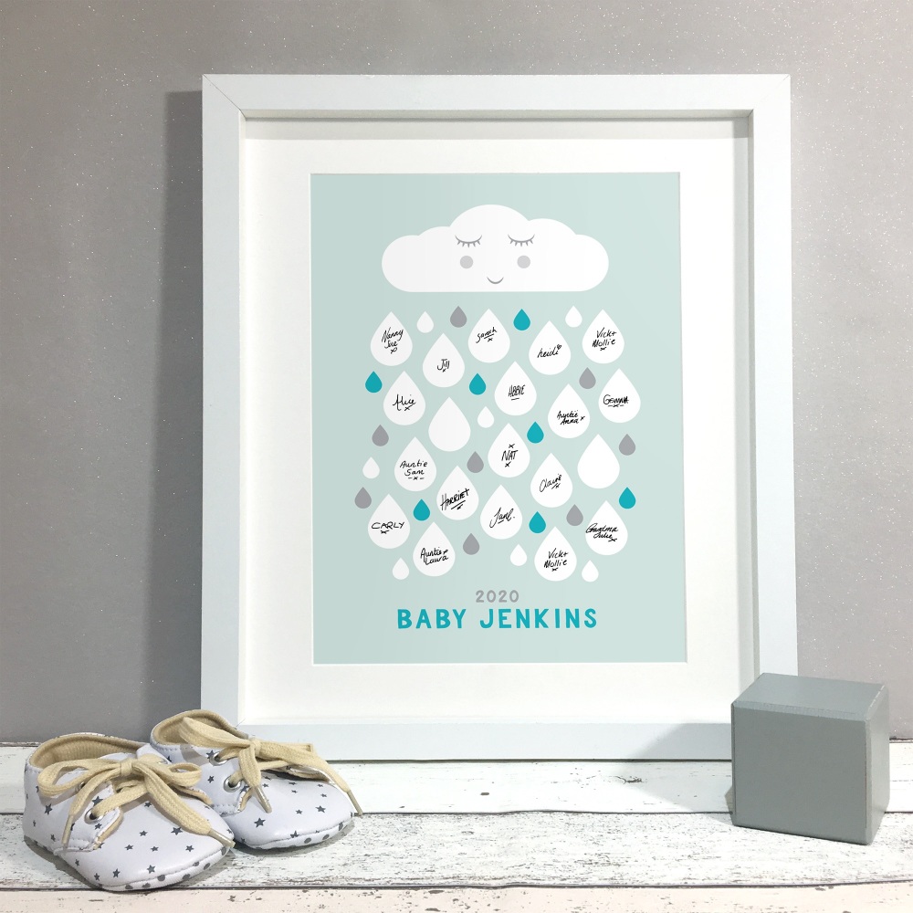 Raindrops Cloud Personalised Baby Shower Guest Book Print Alternative