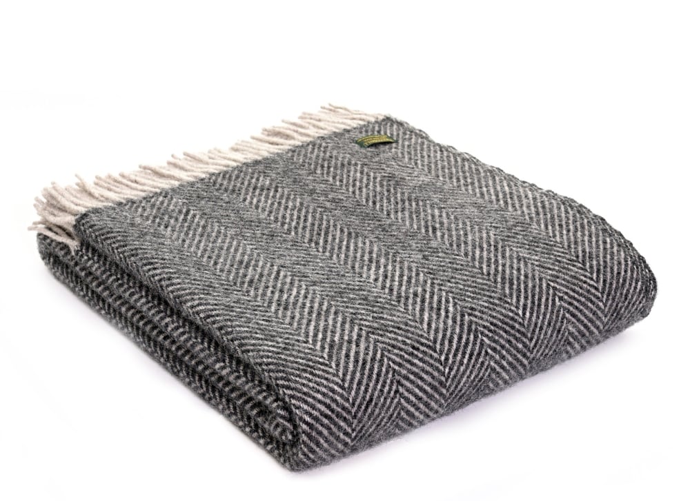Tweedmill Herringbone Pure New Wool Throw - Charcoal Grey and Silver