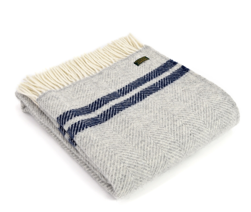 Tweedmill Herringbone Wool Throw - Grey and Blue Stripe