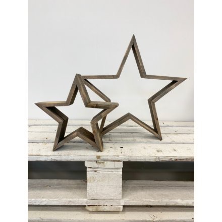 Set of Two Natural Wooden Cut Out Stars