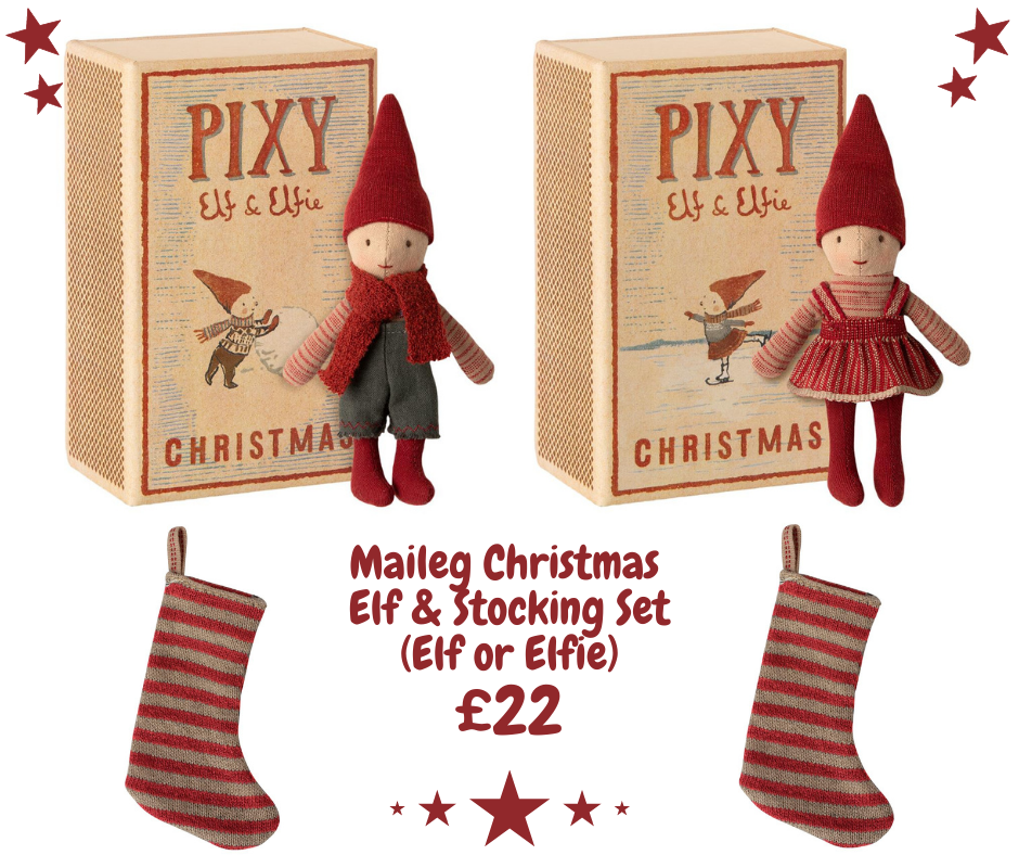 Maileg Christmas Elf in Matchbox and Stocking Set