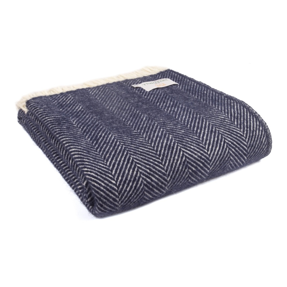 Tweedmill Fishbone Blanket - Navy Blue - Large