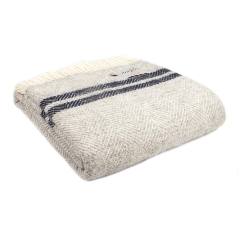 Tweedmill Fishbone Blanket - Silver Grey/Navy Stripe - Large
