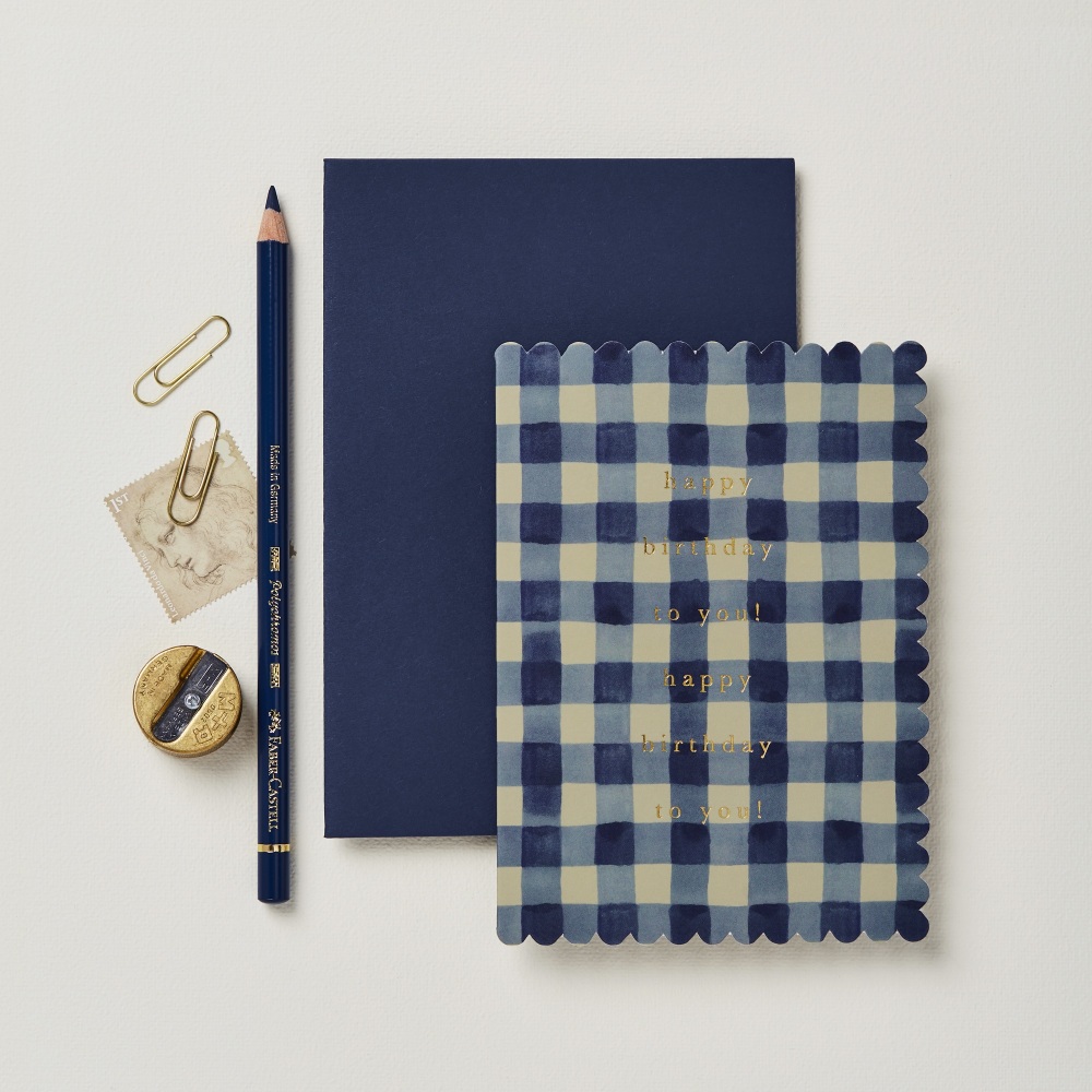 Wanderlust Paper Co. Navy Blue Gingham Greetings Card - Happy Birthday To You