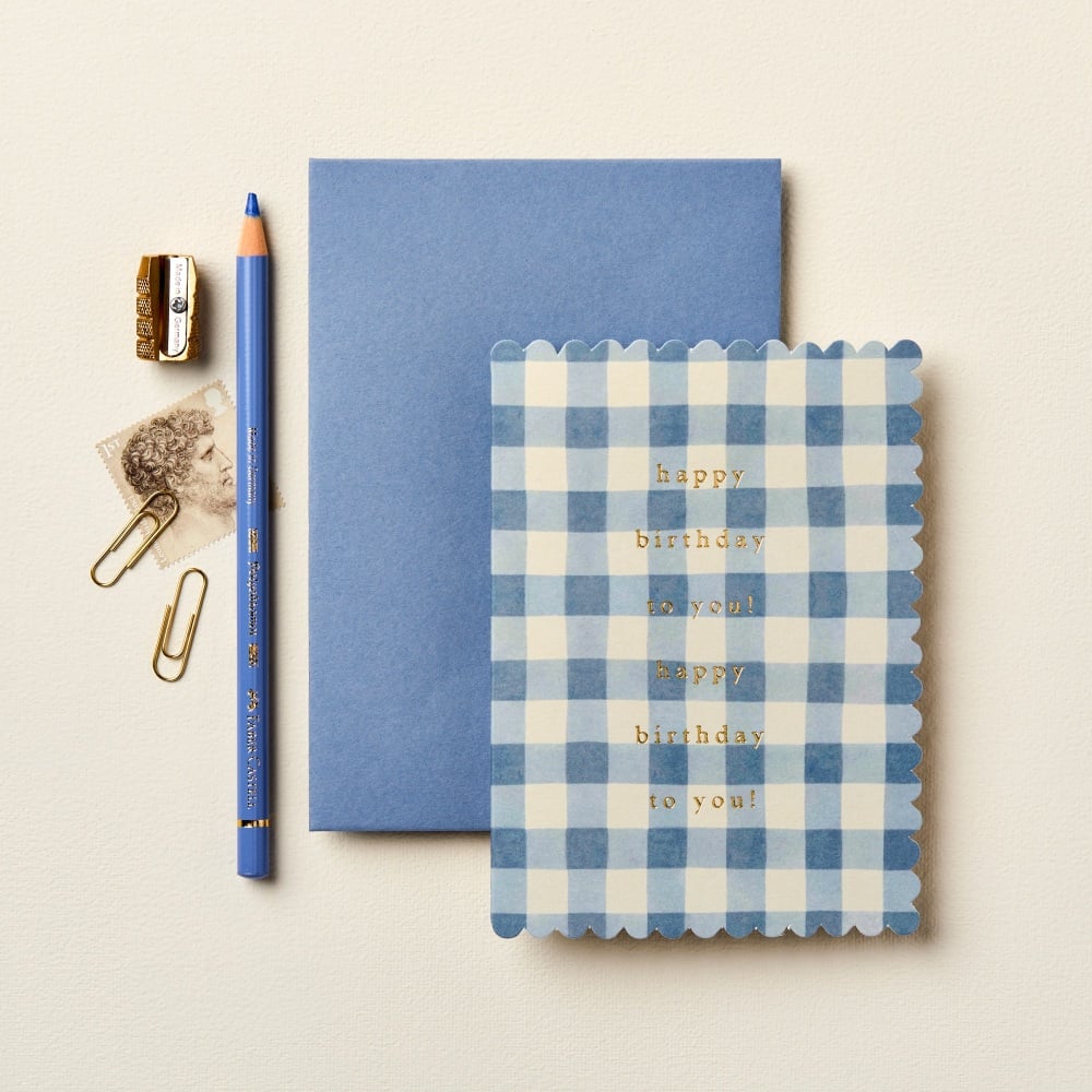 Wanderlust Paper Co. Mid Blue Gingham Greetings Card - Happy Birthday To You