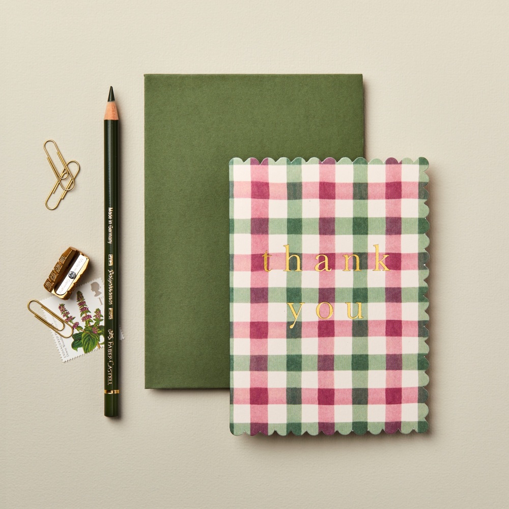 Wanderlust Paper Co. Pink & Green Gingham Greetings Card - Thank You