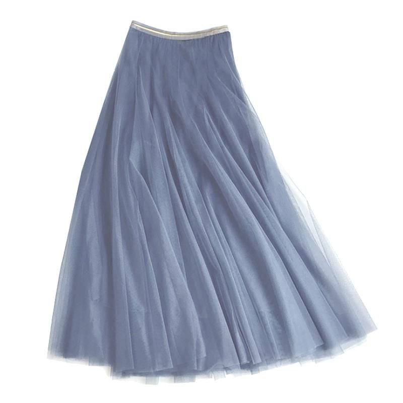Denim Blue Tulle Layer Midi Skirt - Small