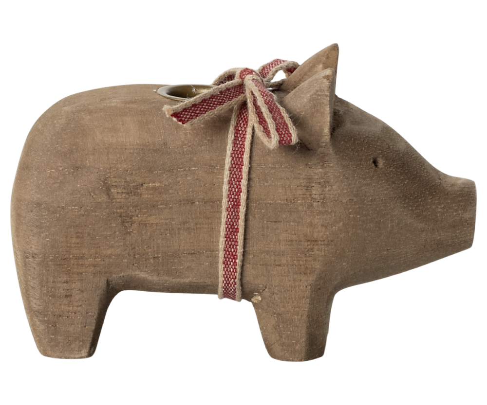 Maileg Natural Wooden Pig Candle Holder - Small