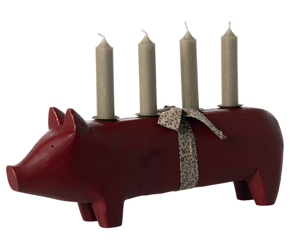 Maileg Large Wooden Pig Candle Holder - Red