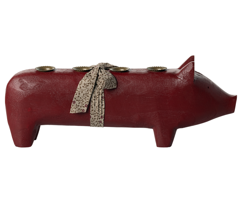 Maileg Large Wooden Pig Candle Holder - Red