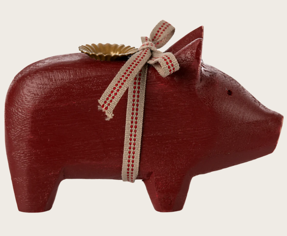 Maileg Red Wooden Pig Candle Holder - Small
