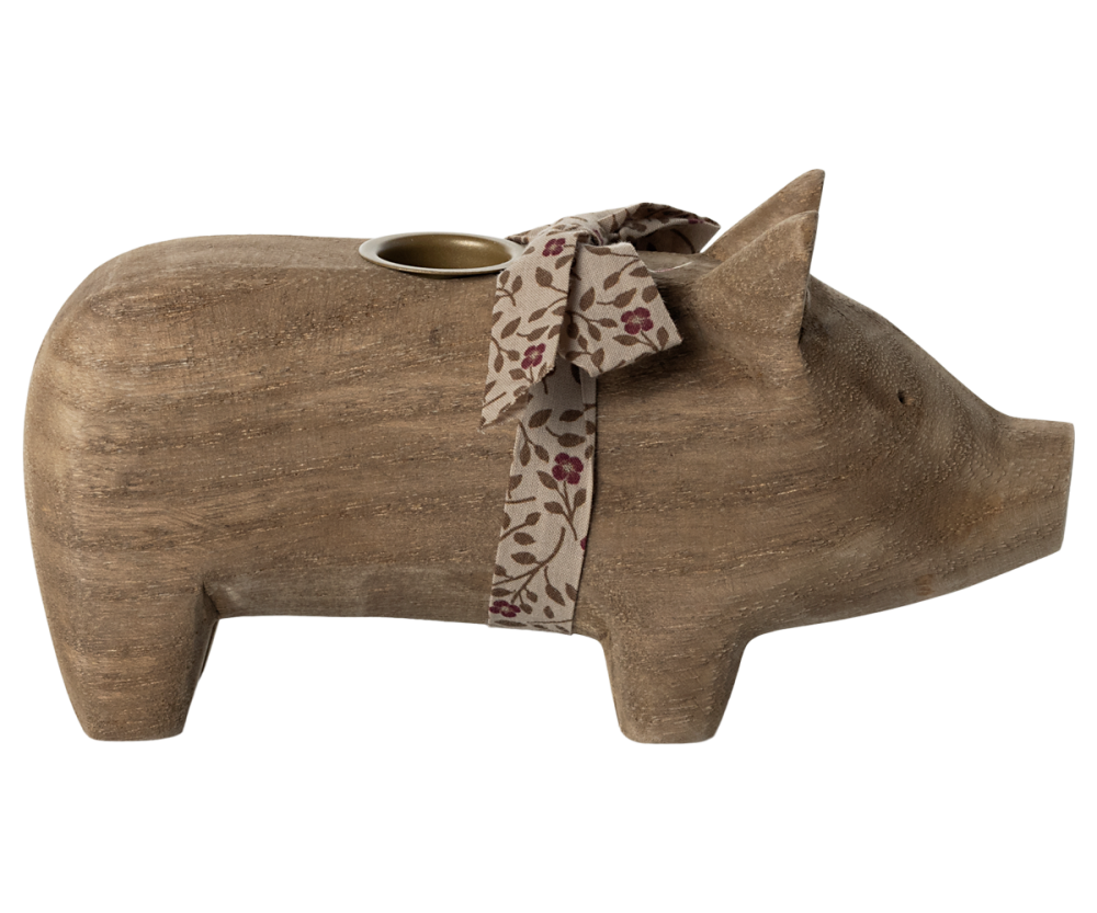 Maileg Natural Wooden Pig Candle Holder - Medium