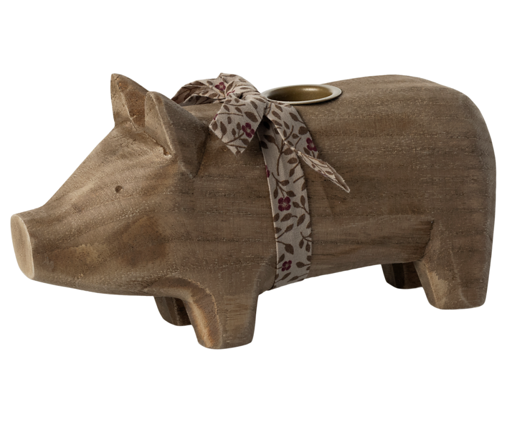 Maileg Natural Wooden Pig Candle Holder - Medium