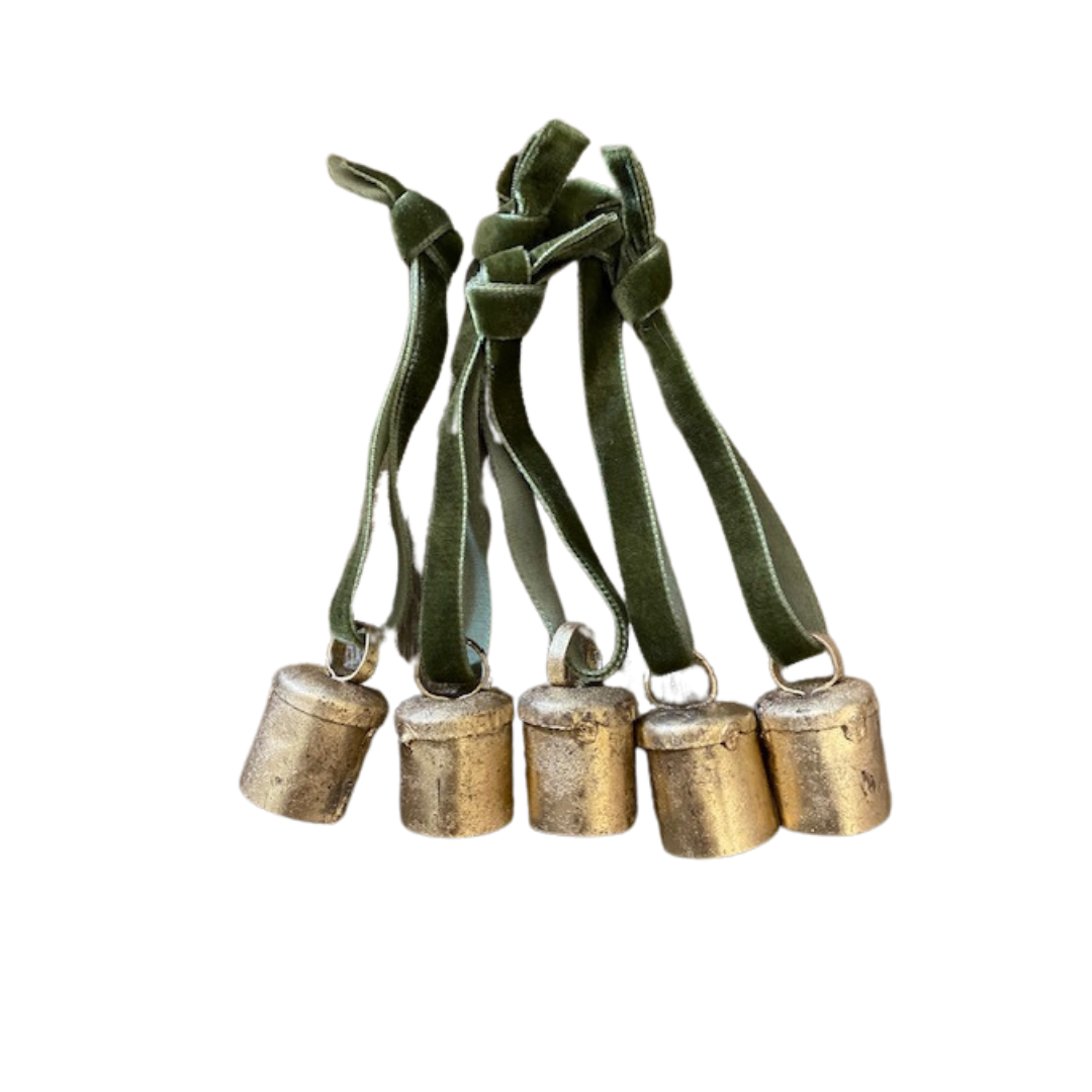 Chalk + Co. Hanging Brass Finish Decorative Baubles Olive Green Velvet Ribb