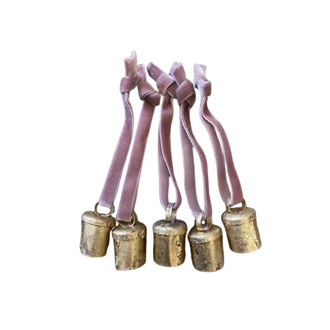 Hanging Brass Finish Decorative Baubles Rose Velvet Ribbon - Set of 10