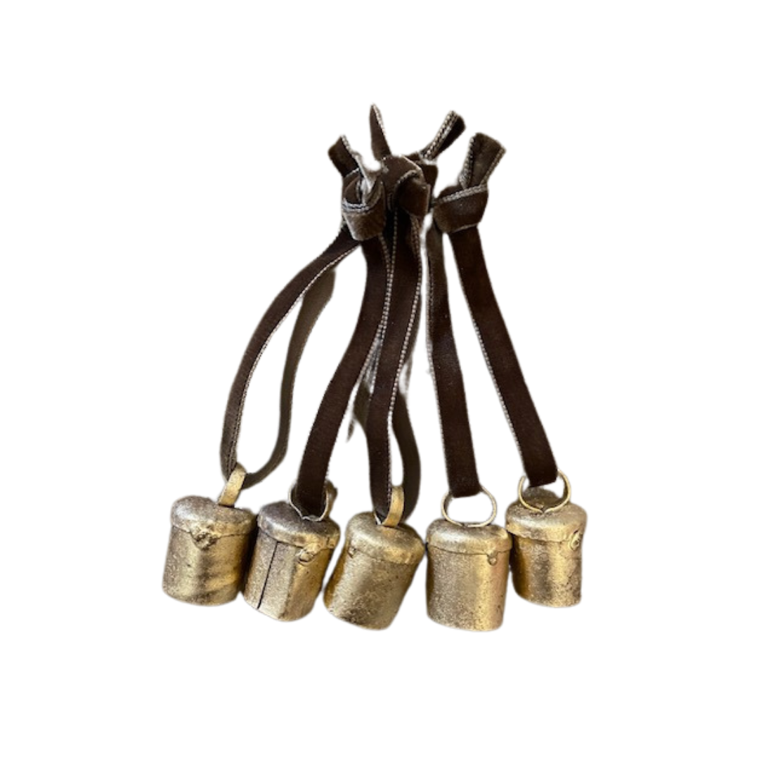 Hanging Brass Finish Decorative Baubles Brown Velvet Ribbon - Set of 10
