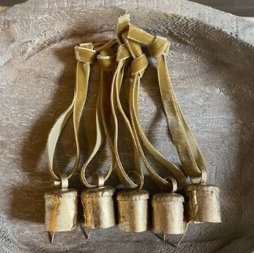 Hanging Brass Finish Decorative Baubles Ochre Velvet Ribbon - Set of 5